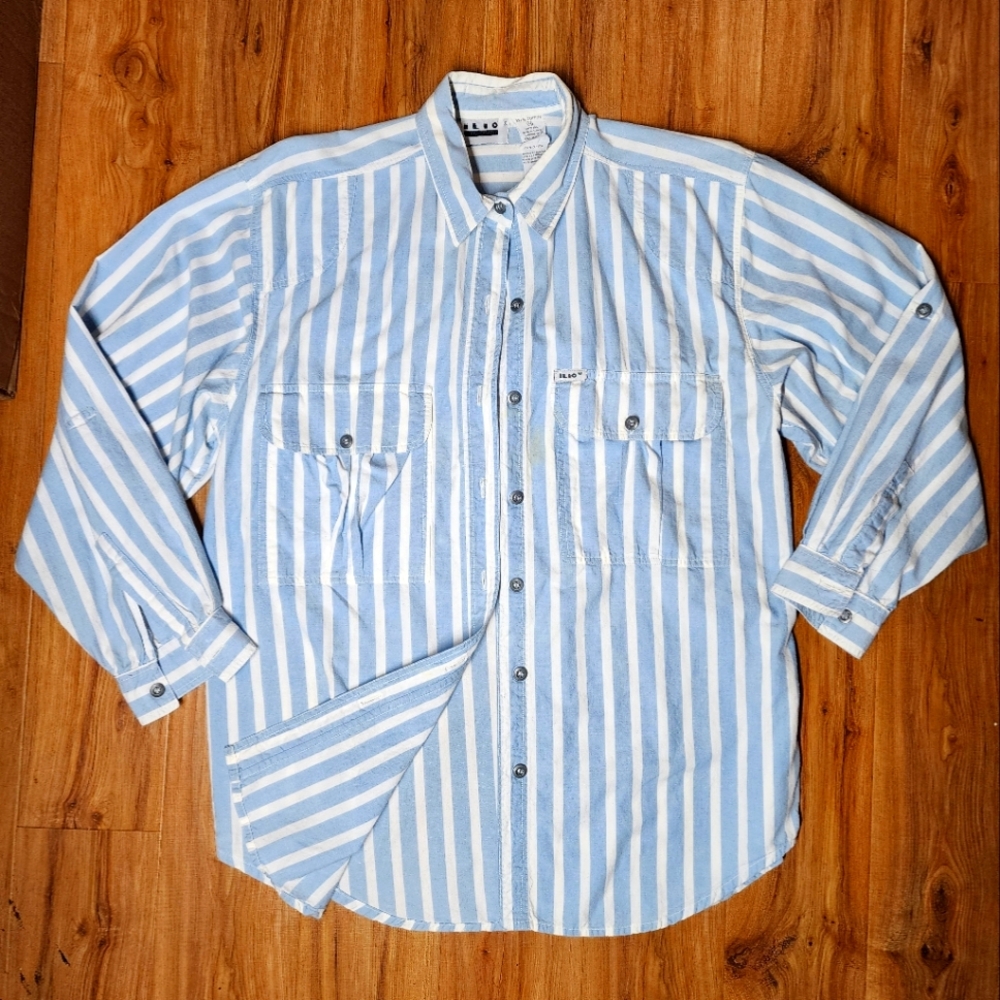 ILIO Blue White Striped 100% Cotton Men's Button Front Shirt Long Sleeve M